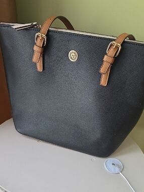 Anne Klein Black Tote with Tan Straps and Gold Accent